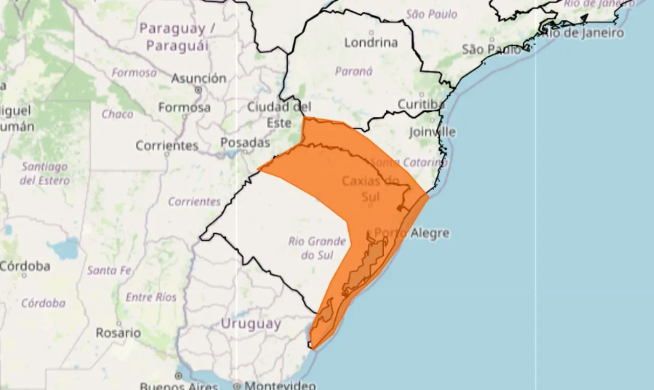 o mapa mostra as &aacute;reas em alerta para chuva intensa e ventos